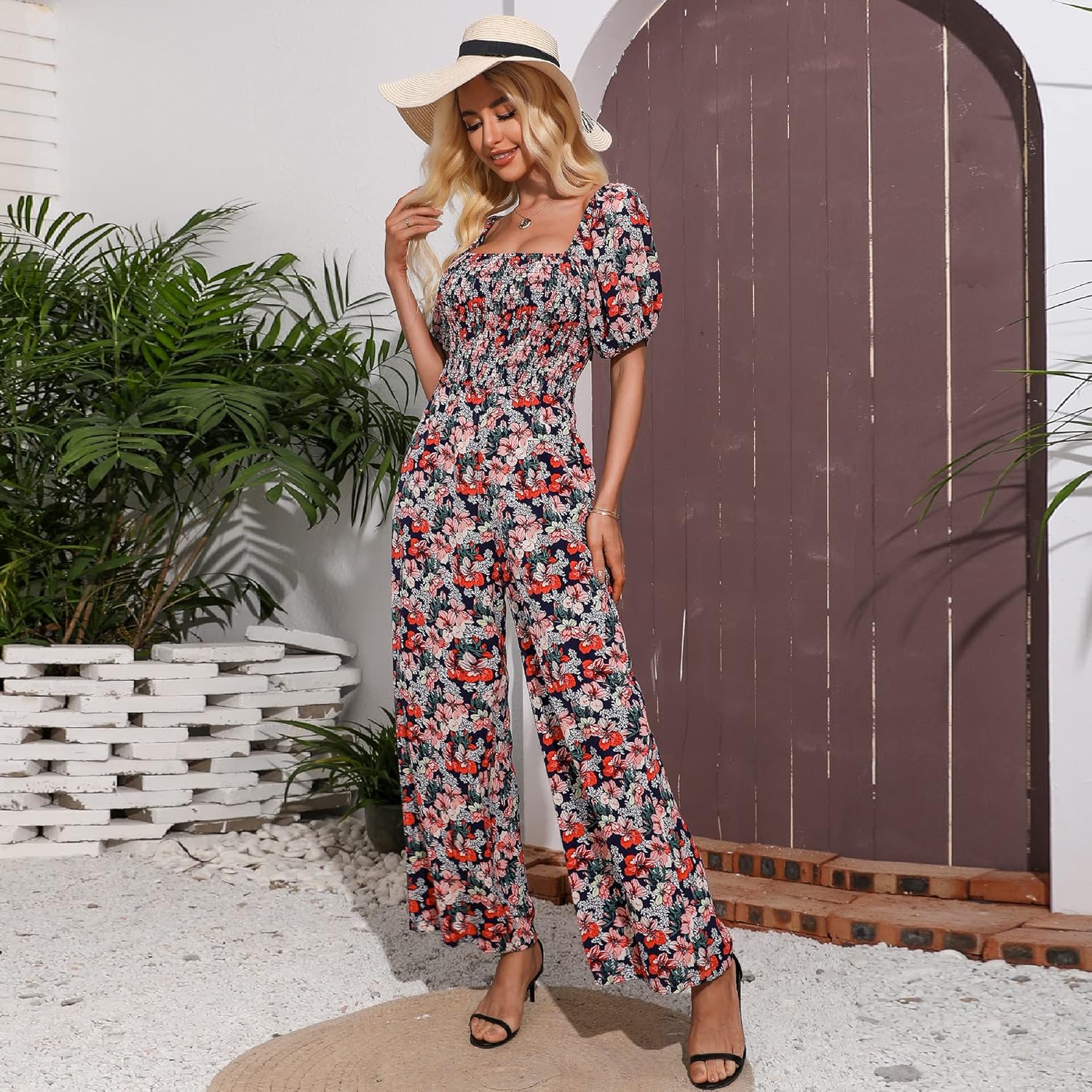 Love Welove Fashion Summer Jumpsuits for Women 2025 Floral Dressy Casual Loose Wide Leg Short Sleeve One Piece Romper Outfits