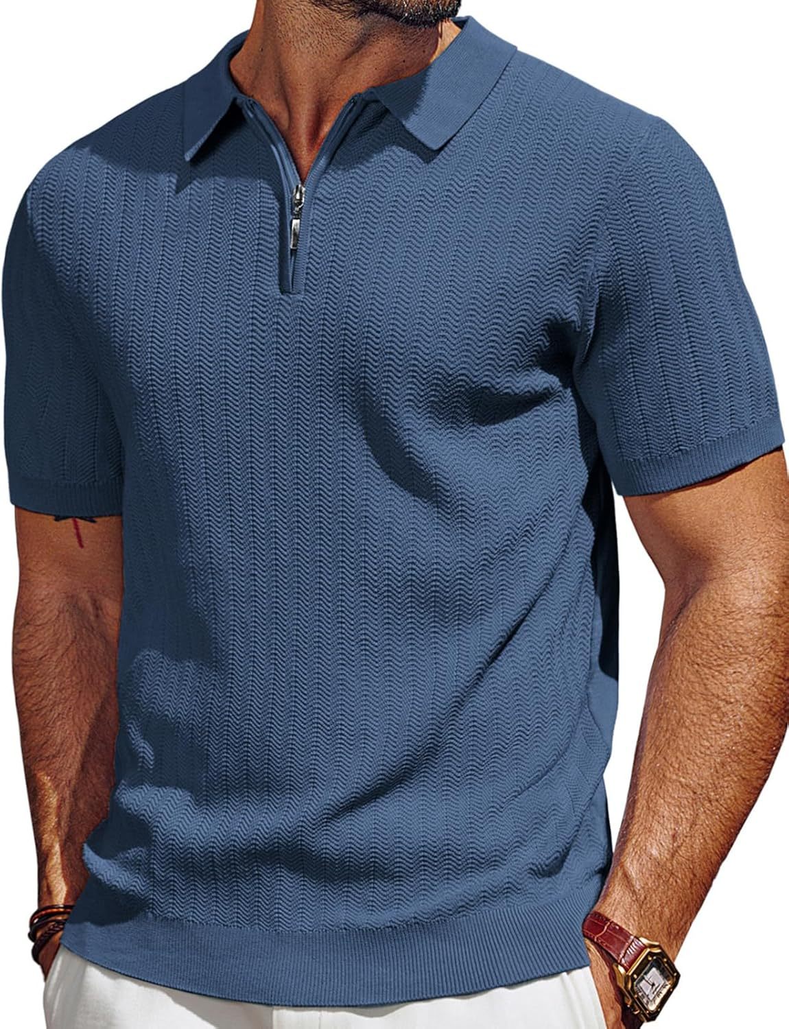 🎉Men's Polo Shirts Quarter Zip Textured Knit Shirts Summer Shirt
