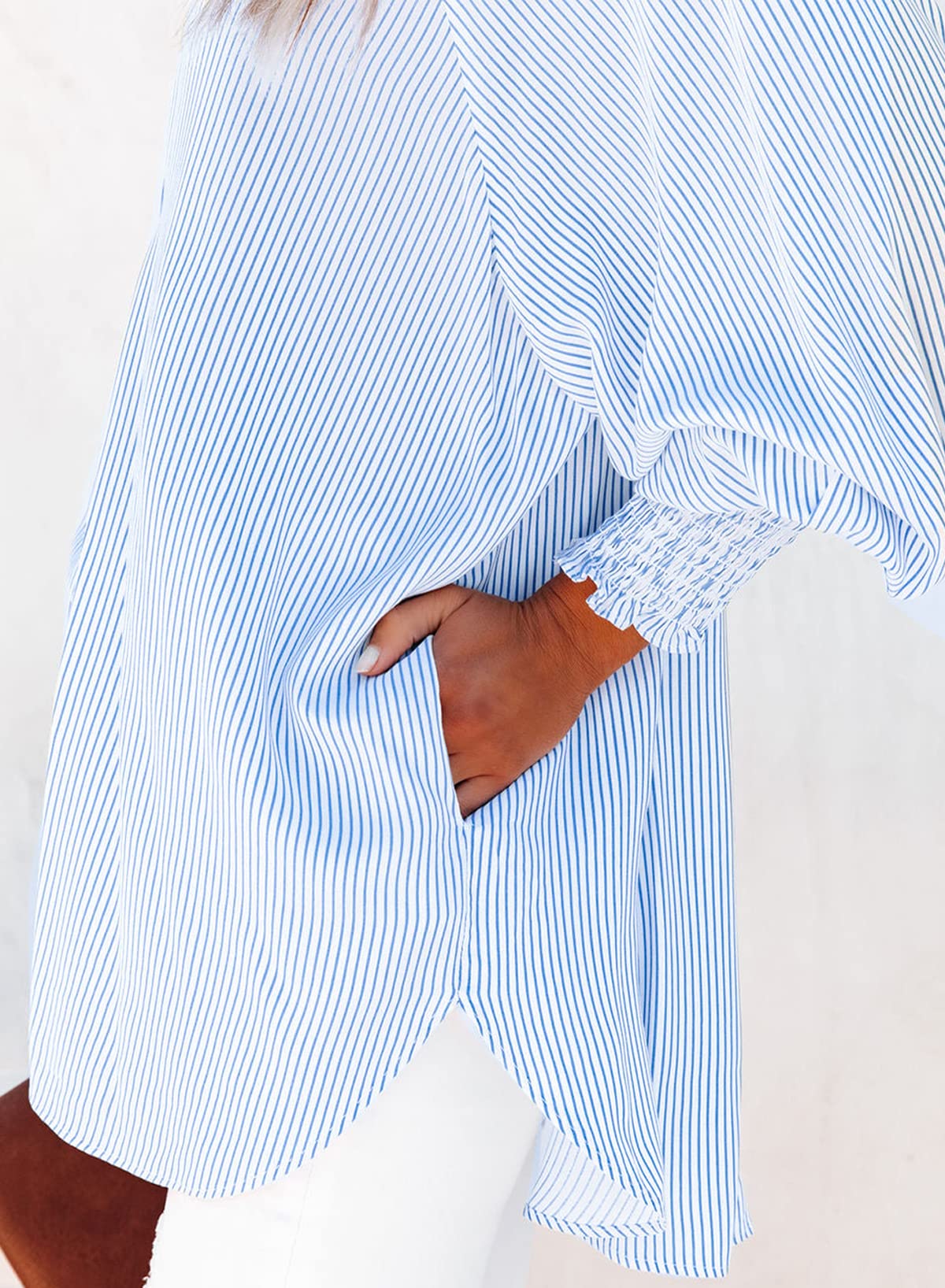 ✨Women's Smocked Cuffed Striped Boyfriend Shirt with Pocket