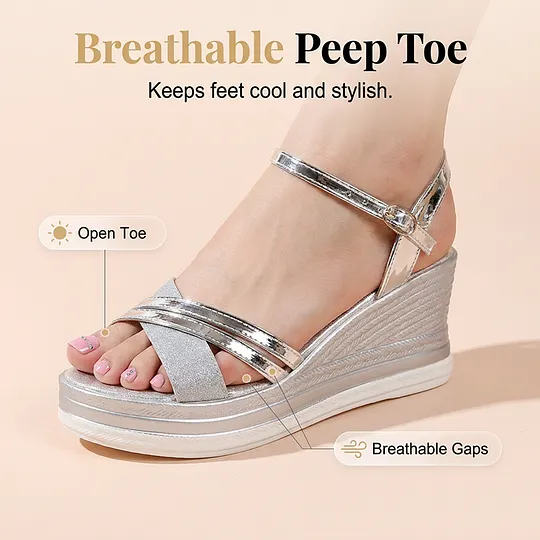 👡🌬️ Women's open-toe wedge sandals with an ankle strap – height-boosting and comfortable✨