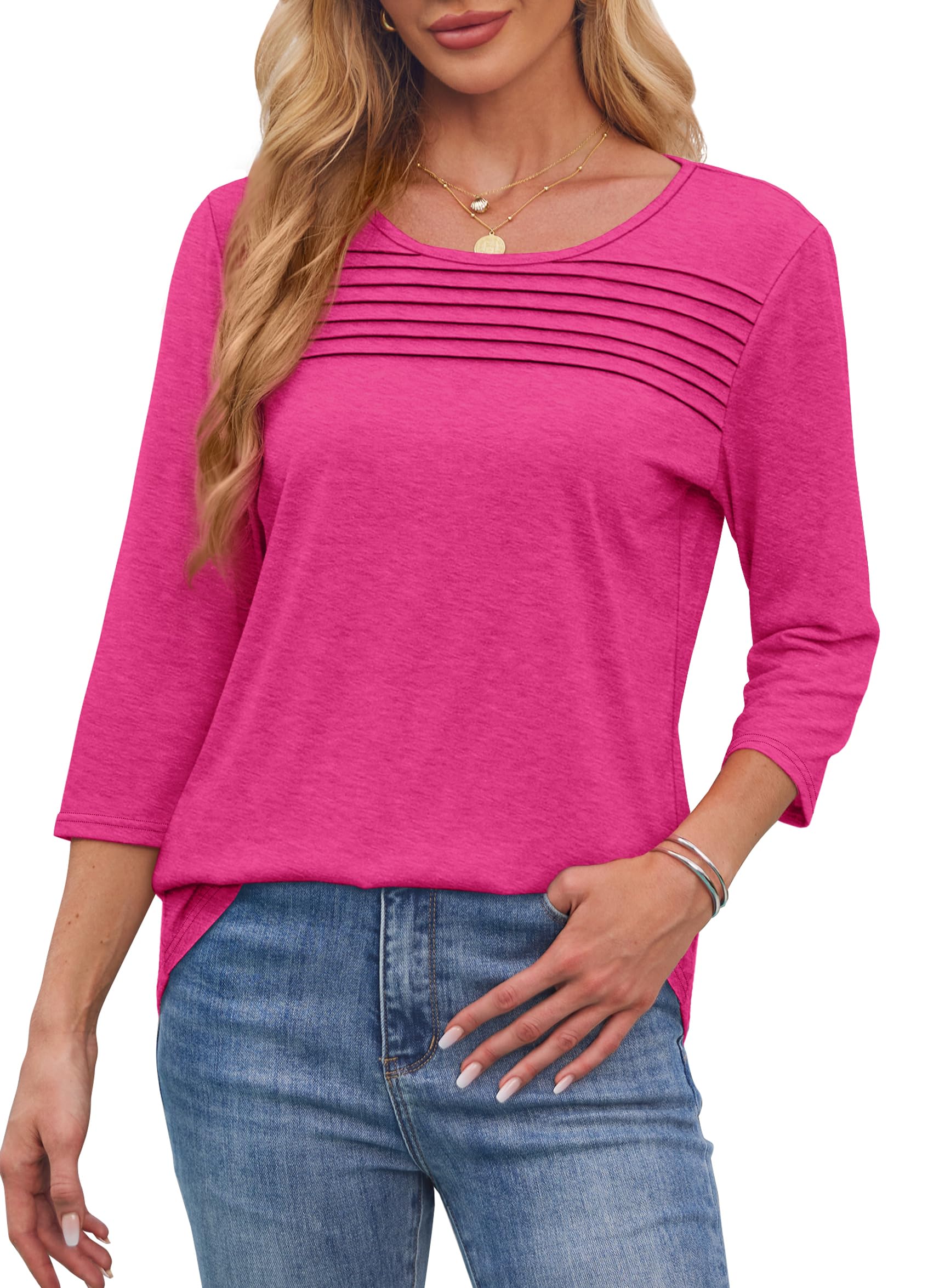 ⏰Hot Sale-Women's 3/4 Length Sleeve Top Pleated Front T-Shirt(Buy 3 Free Shipping)