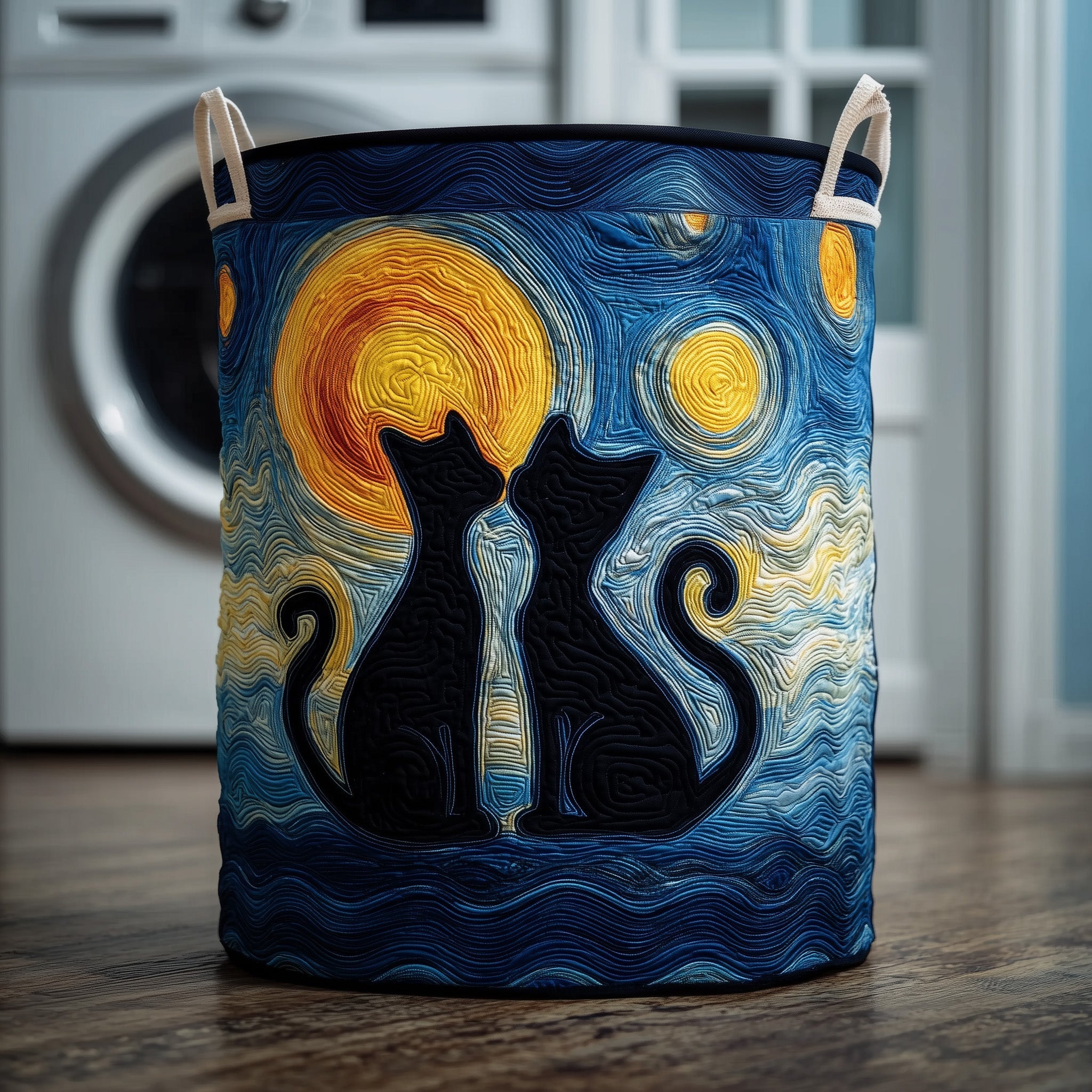 Starry Night Cat Couple Quilted Laundry Basket GFTOXM165