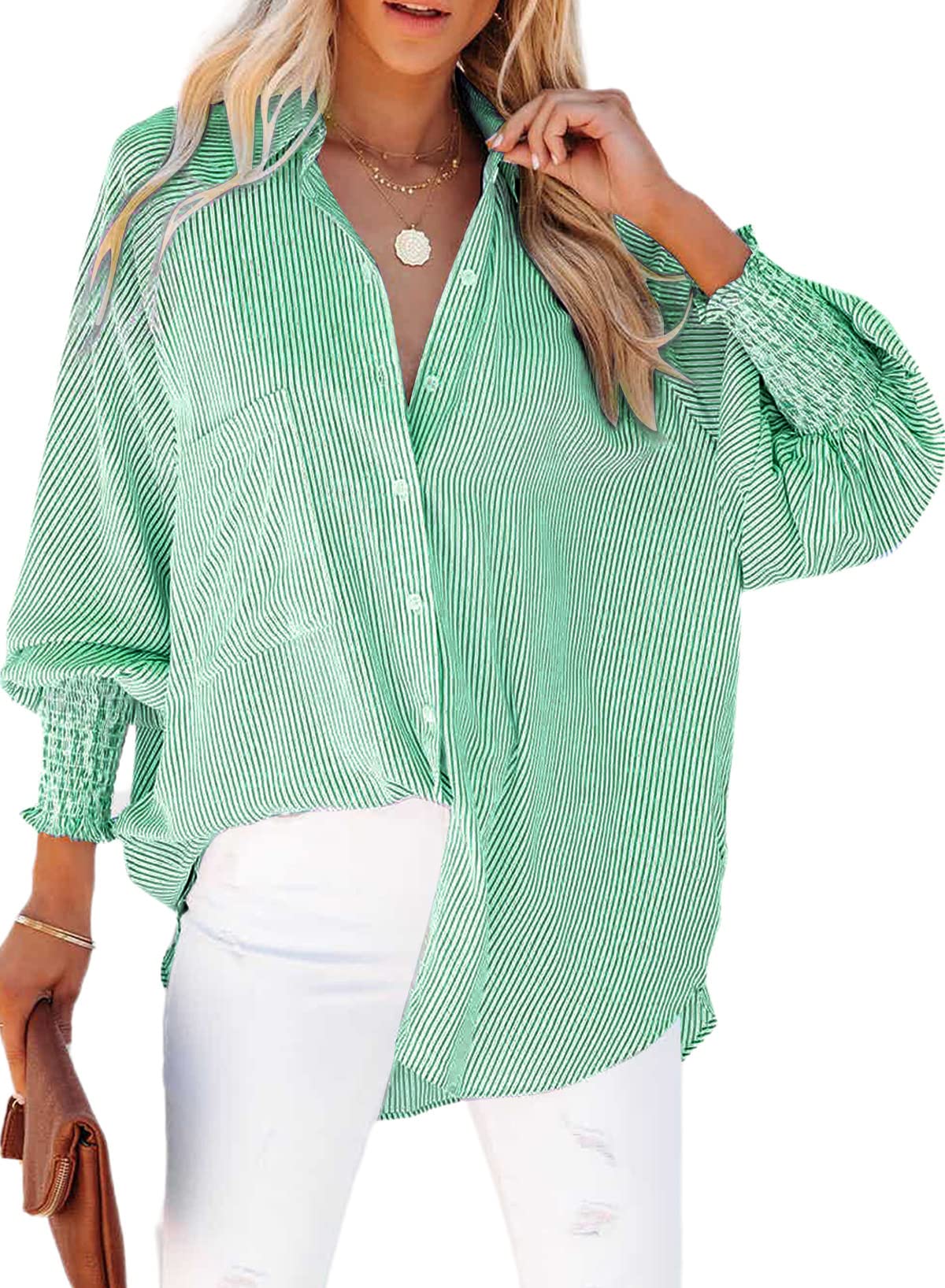 ✨Women's Smocked Cuffed Striped Boyfriend Shirt with Pocket
