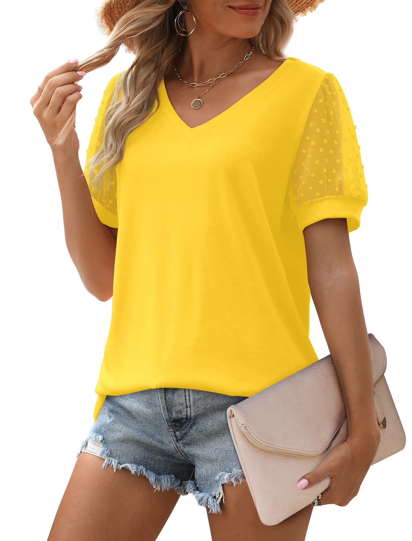 ✨New Women's Summer V Neck T Shirts Swiss Dot Puff Sleeve Tops(BUY 3 FREE SHIPPING)