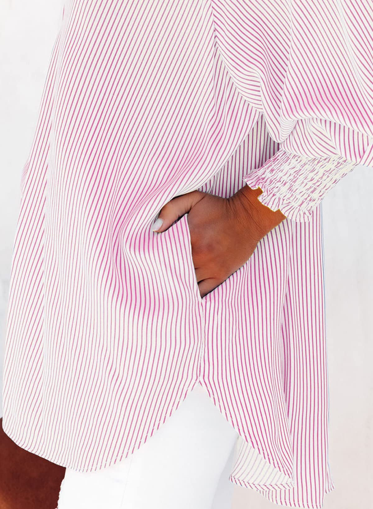 ✨Women's Smocked Cuffed Striped Boyfriend Shirt with Pocket