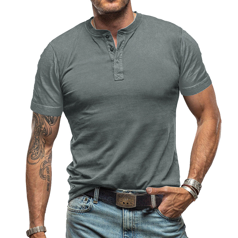 Men's Solid Color Crew Neck Short Sleeve Henley T-Shirt