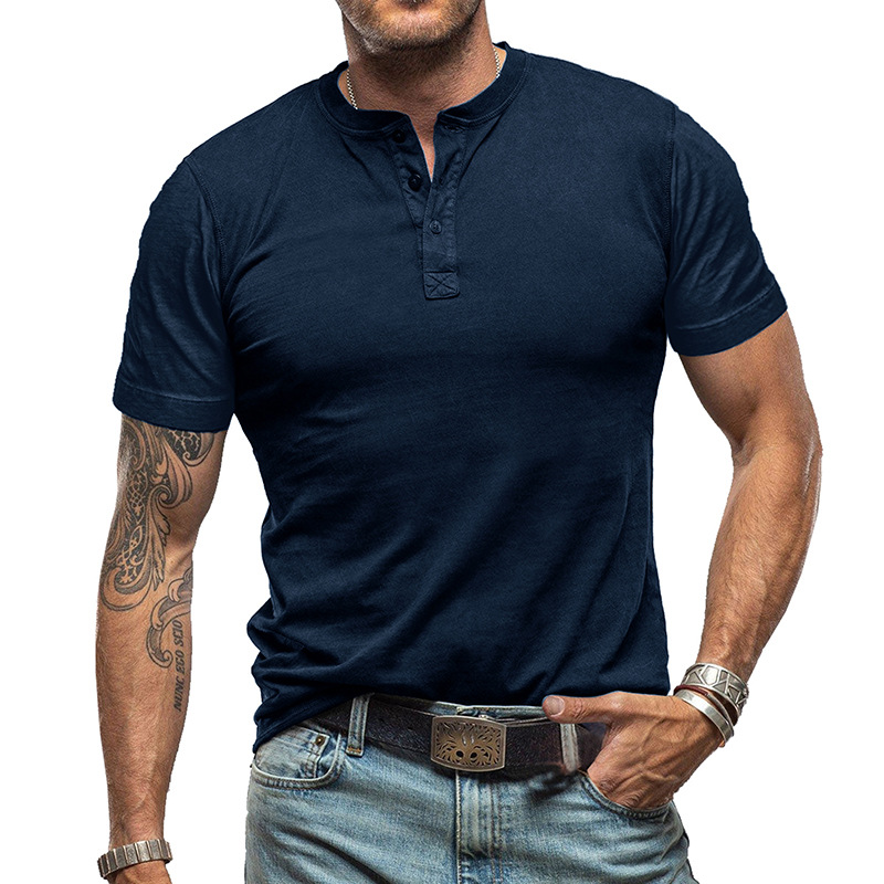 Men's Solid Color Crew Neck Short Sleeve Henley T-Shirt