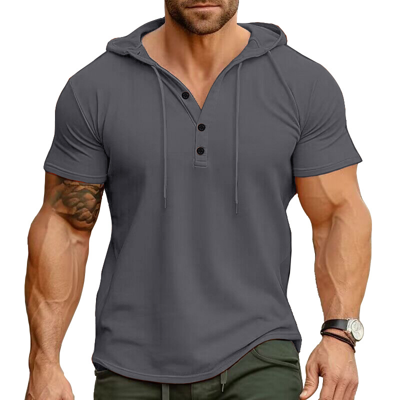 Men's Solid Color Stretch Slim Fit Short Sleeve Hooded Henley Shirt