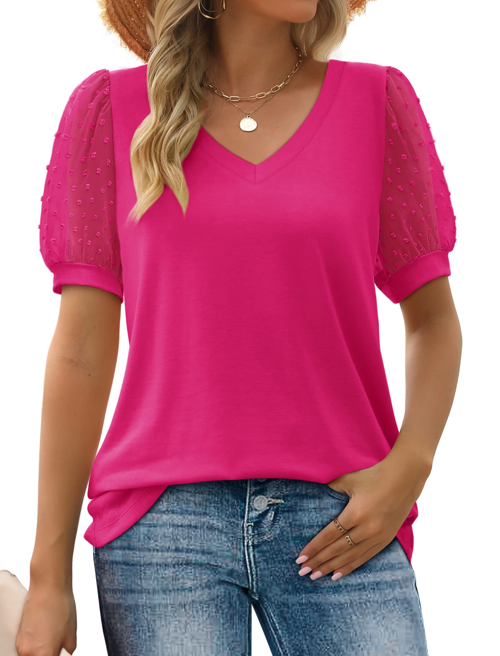 ✨New Women's Summer V Neck T Shirts Swiss Dot Puff Sleeve Tops(BUY 3 FREE SHIPPING)