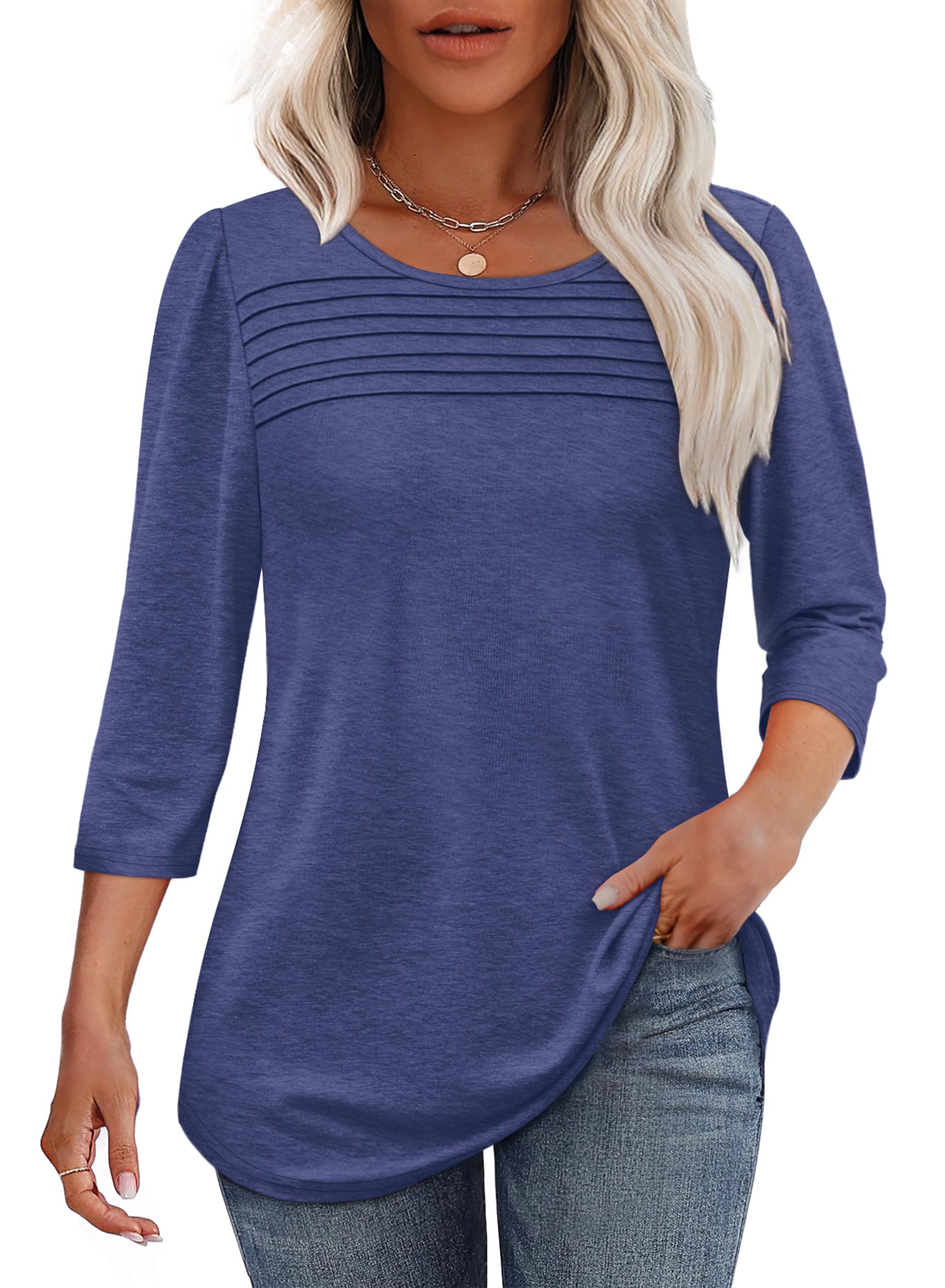 ⏰Hot Sale-Women's 3/4 Length Sleeve Top Pleated Front T-Shirt(Buy 3 Free Shipping)