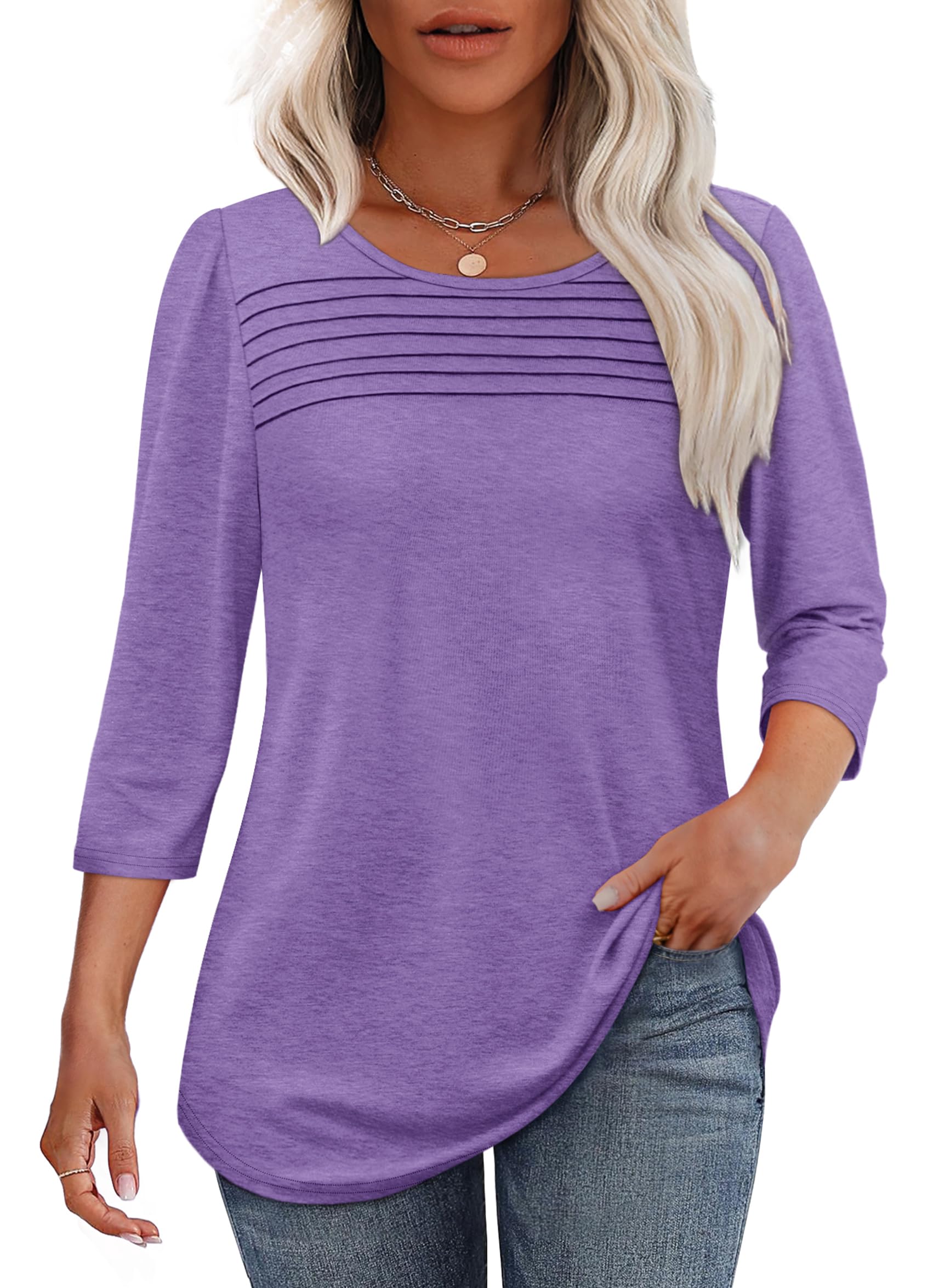 ⏰Hot Sale-Women's 3/4 Length Sleeve Top Pleated Front T-Shirt(Buy 3 Free Shipping)