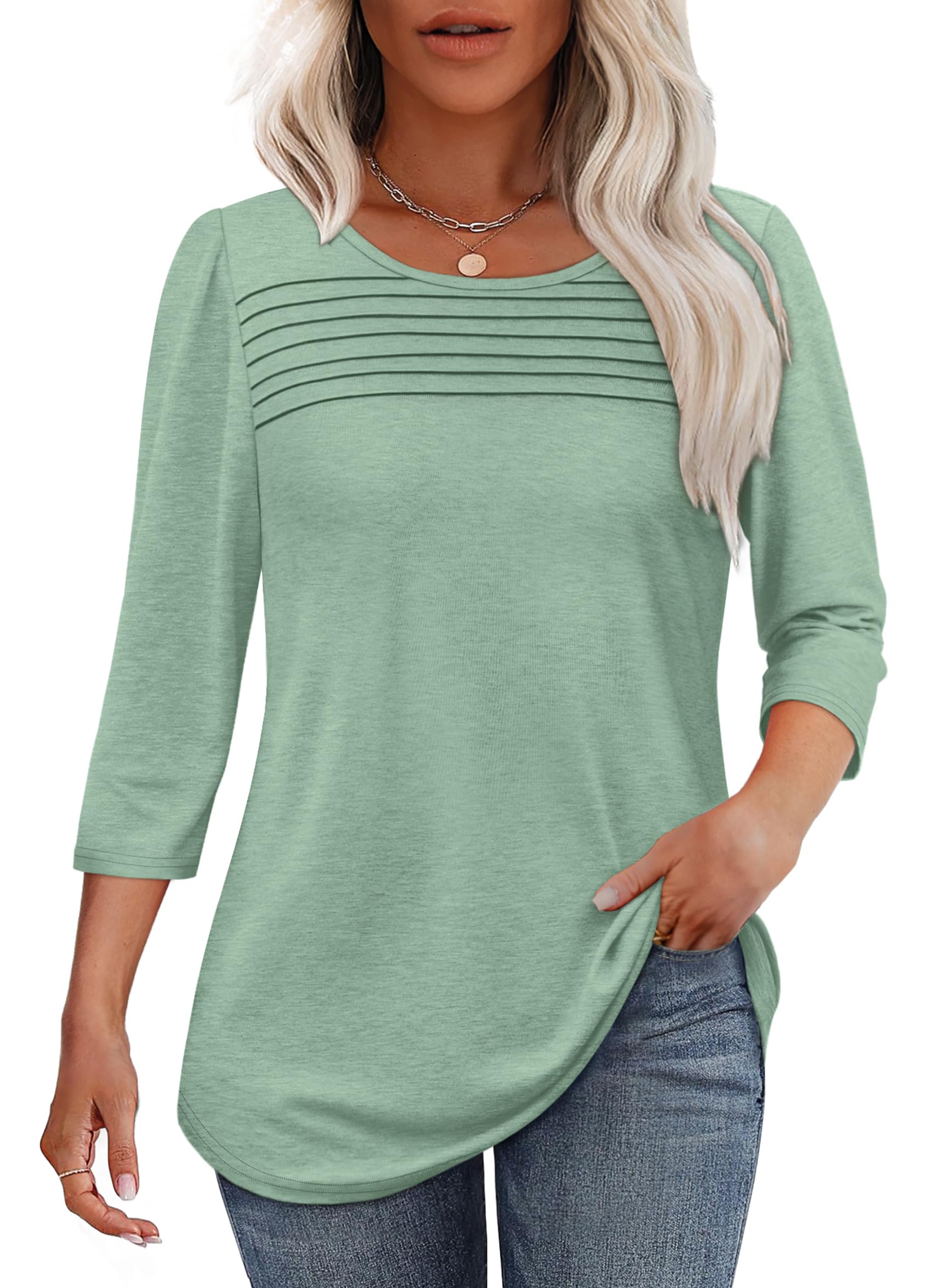 ⏰Hot Sale-Women's 3/4 Length Sleeve Top Pleated Front T-Shirt(Buy 3 Free Shipping)