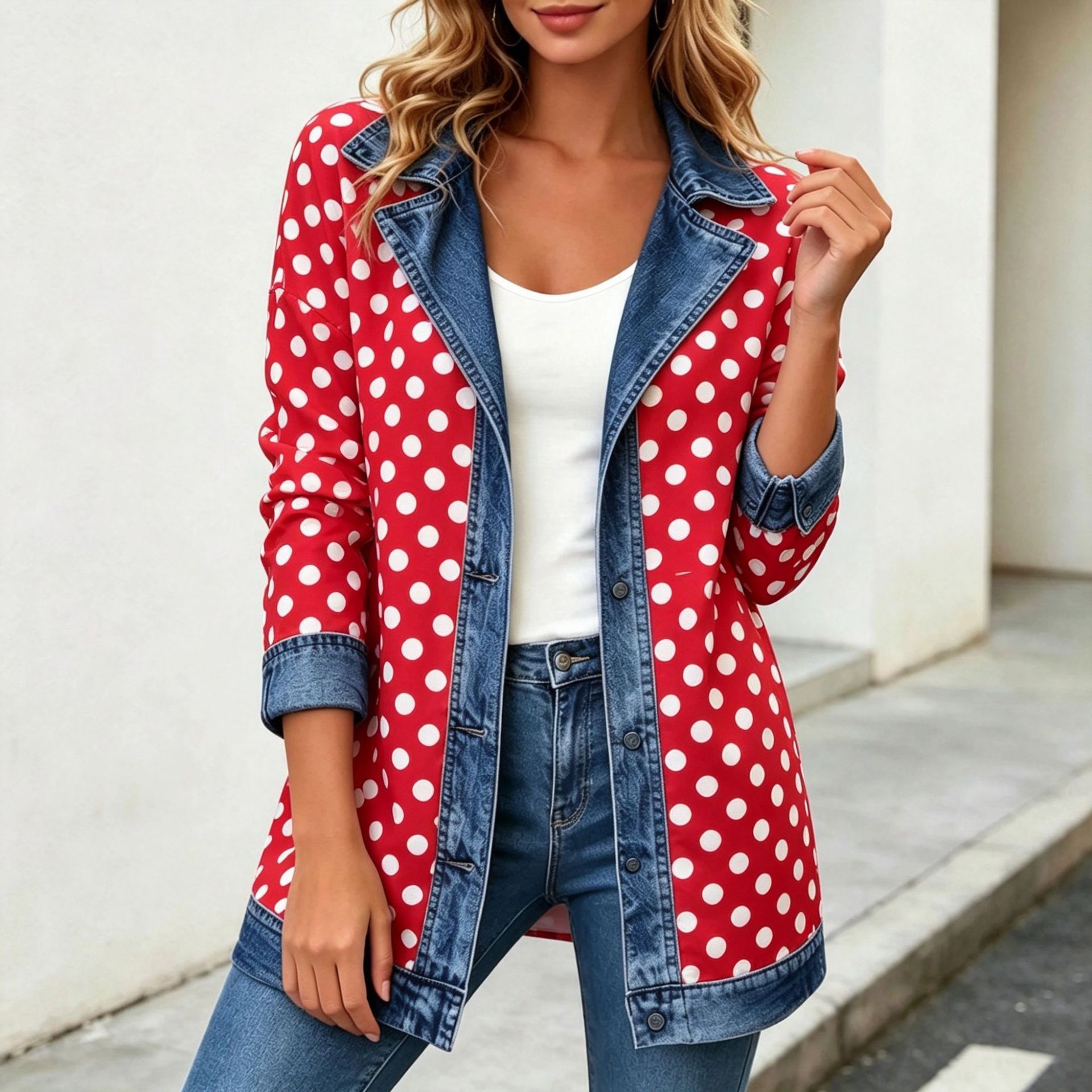 Women's Patchwork Coatigan – Relaxed Fit Denim Trim Button-Up Jacket