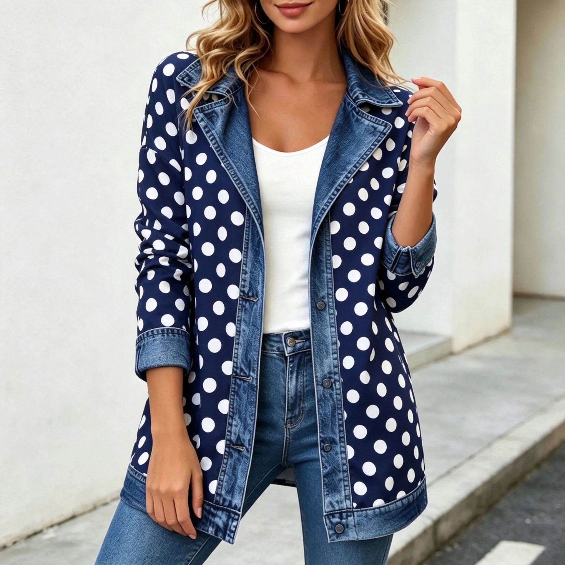 Women's Patchwork Coatigan – Relaxed Fit Denim Trim Button-Up Jacket