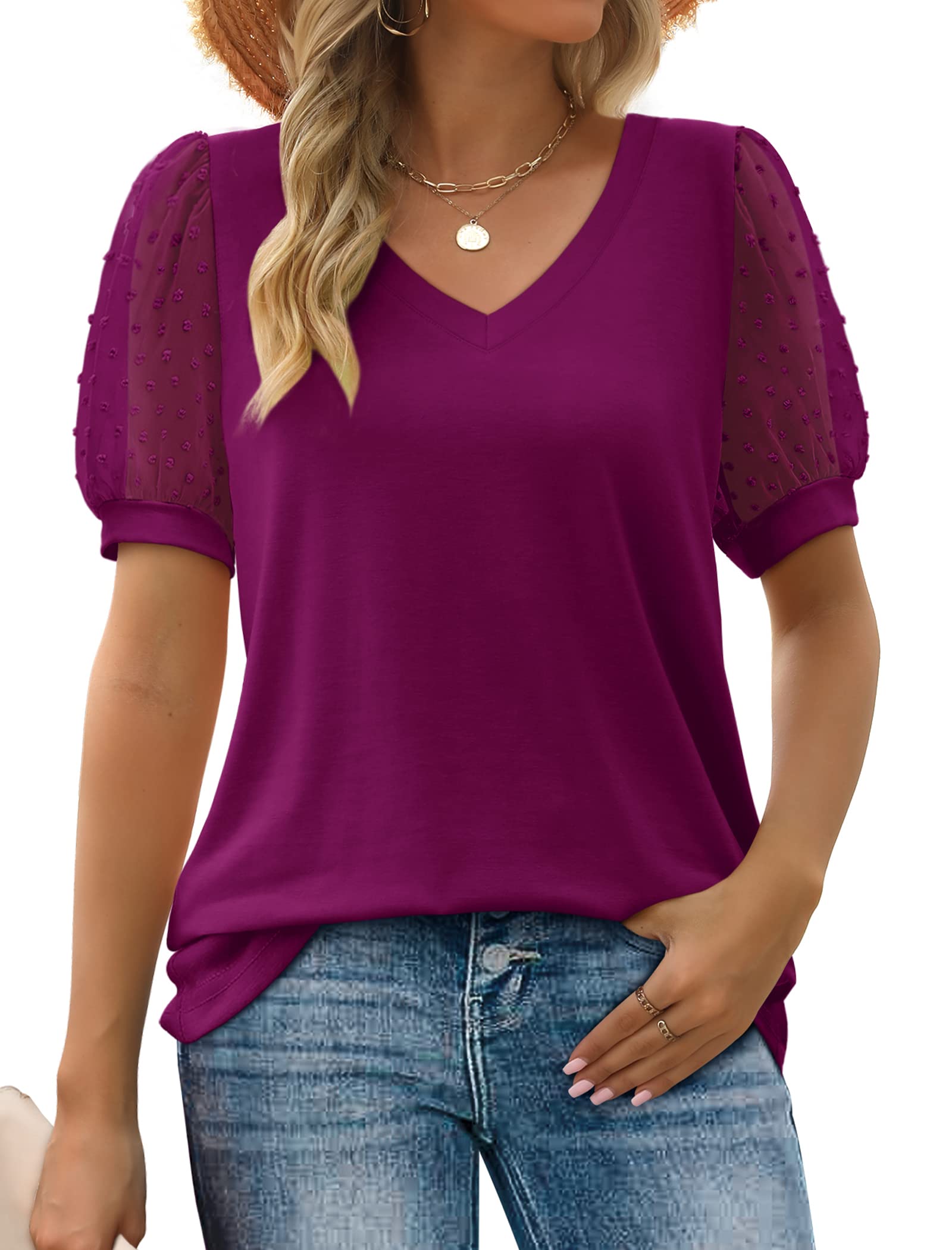 ✨New Women's Summer V Neck T Shirts Swiss Dot Puff Sleeve Tops(BUY 3 FREE SHIPPING)