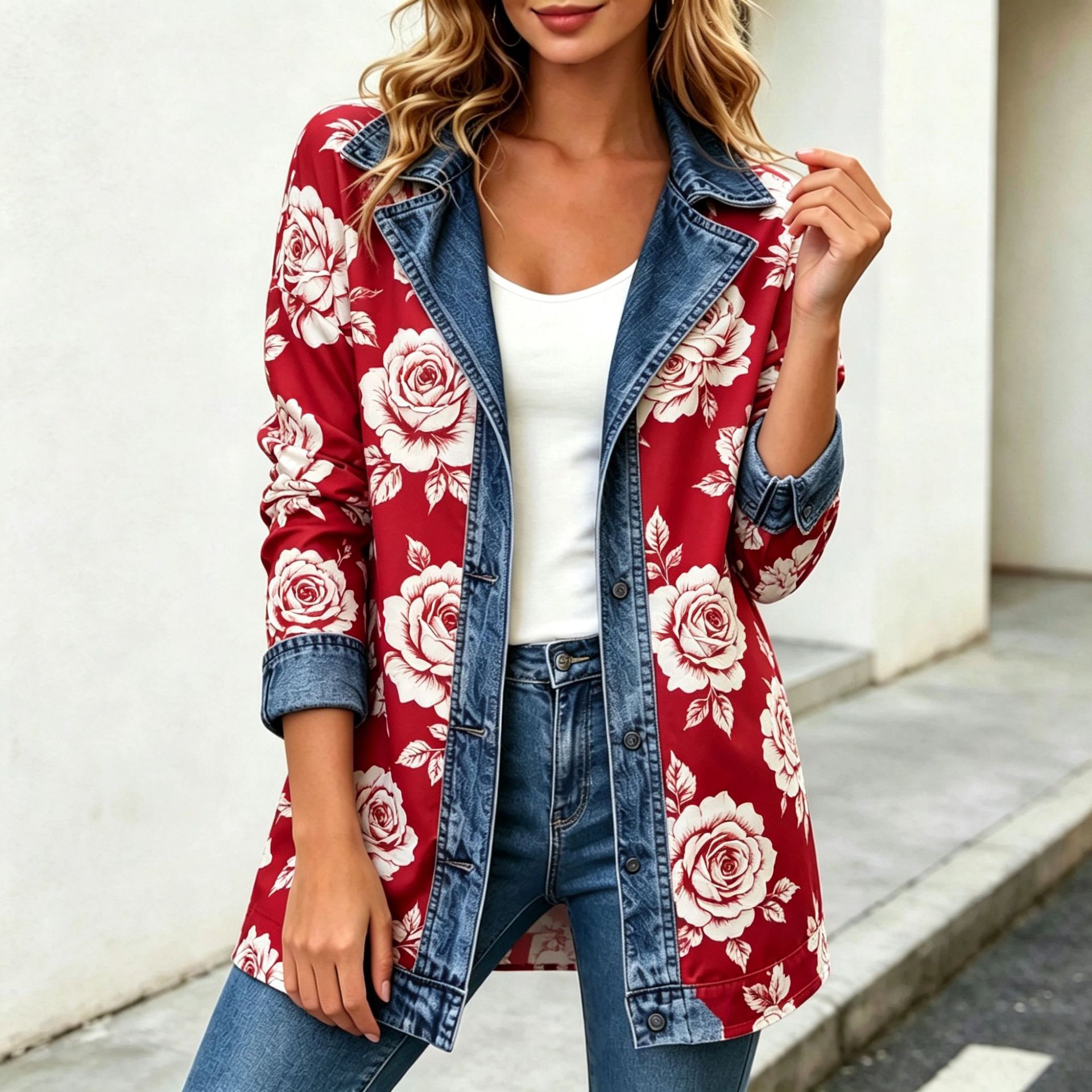 Women's Patchwork Coatigan – Relaxed Fit Denim Trim Button-Up Jacket