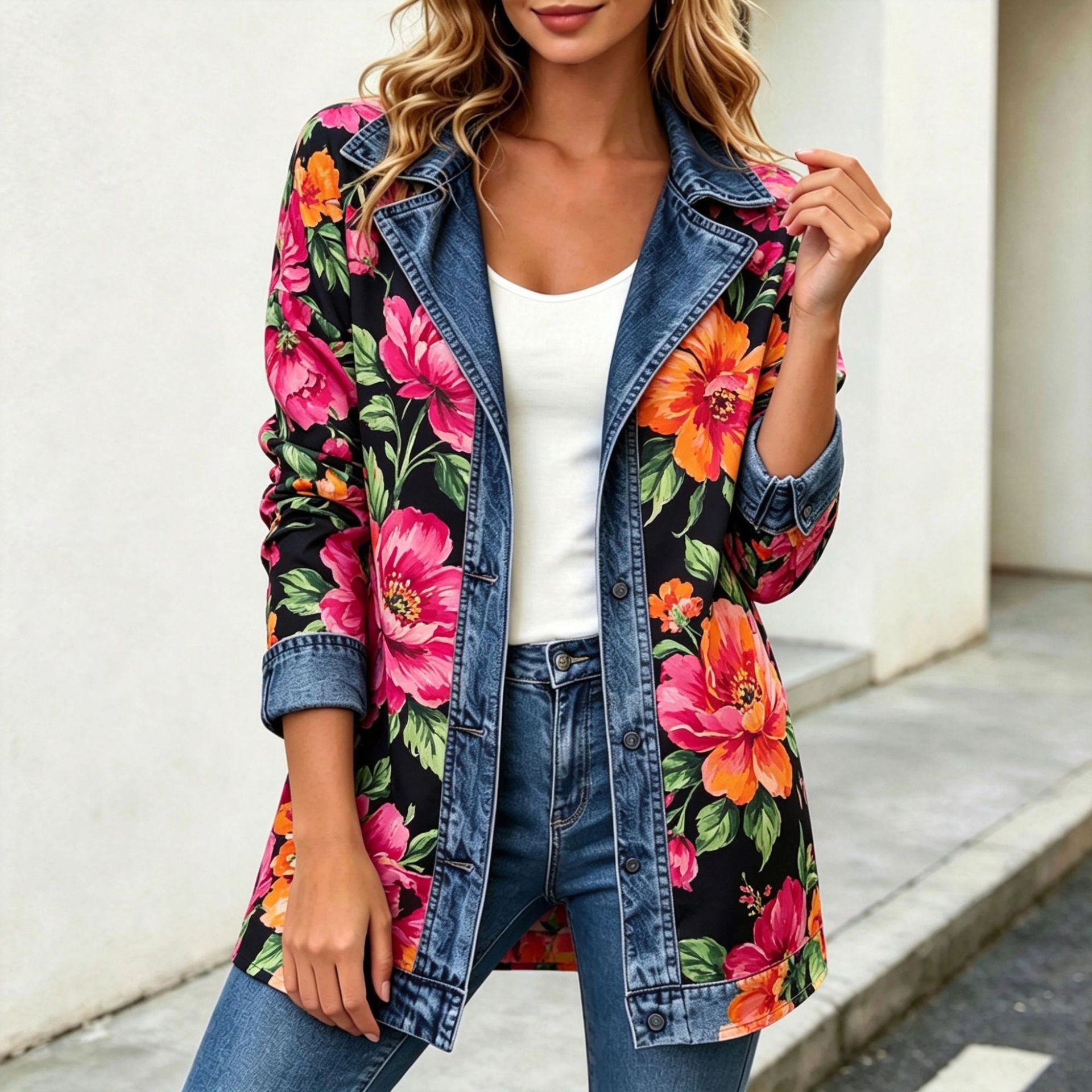 Women's Patchwork Coatigan – Relaxed Fit Denim Trim Button-Up Jacket