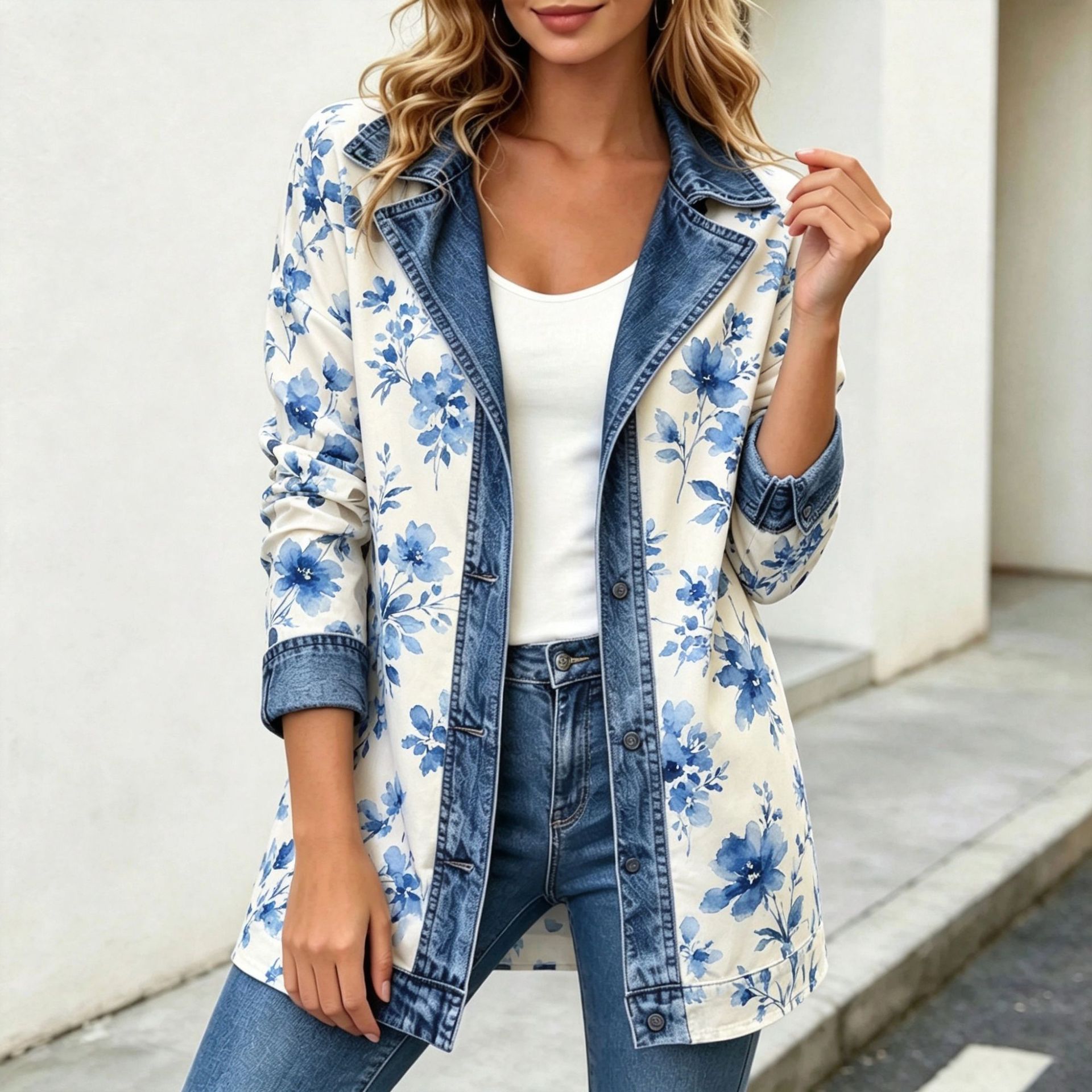 Women's Patchwork Coatigan – Relaxed Fit Denim Trim Button-Up Jacket