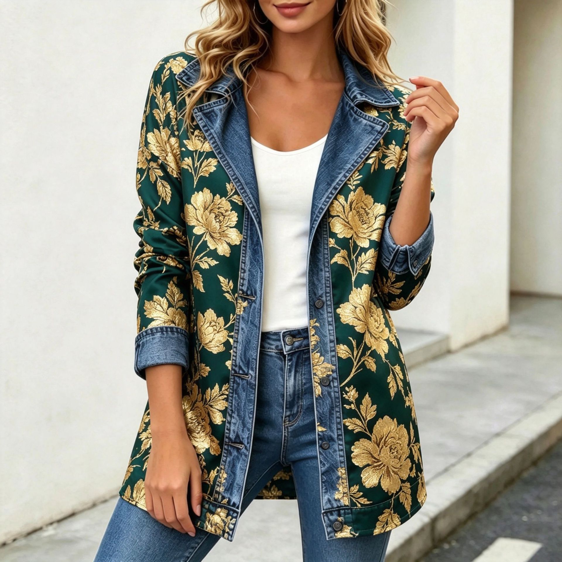 Women's Patchwork Coatigan – Relaxed Fit Denim Trim Button-Up Jacket