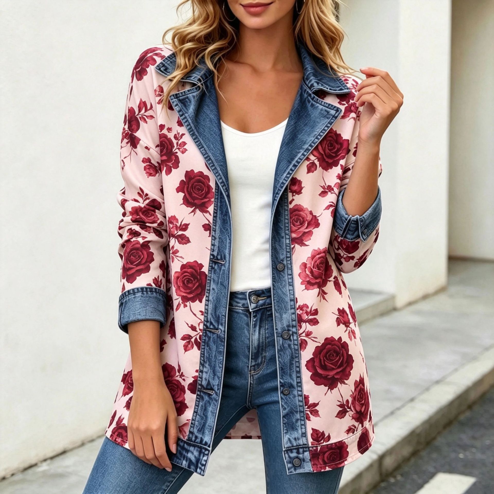 Women's Patchwork Coatigan – Relaxed Fit Denim Trim Button-Up Jacket