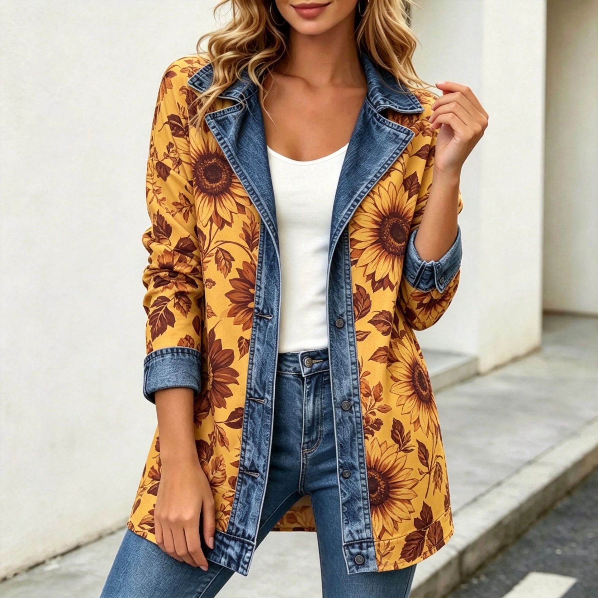 Women's Patchwork Coatigan – Relaxed Fit Denim Trim Button-Up Jacket