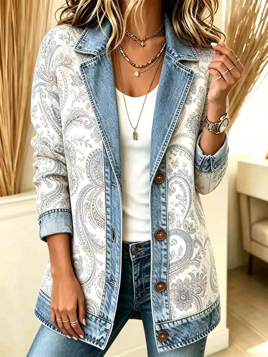 Women's Patchwork Coatigan – Relaxed Fit Denim Trim Button-Up Jacket