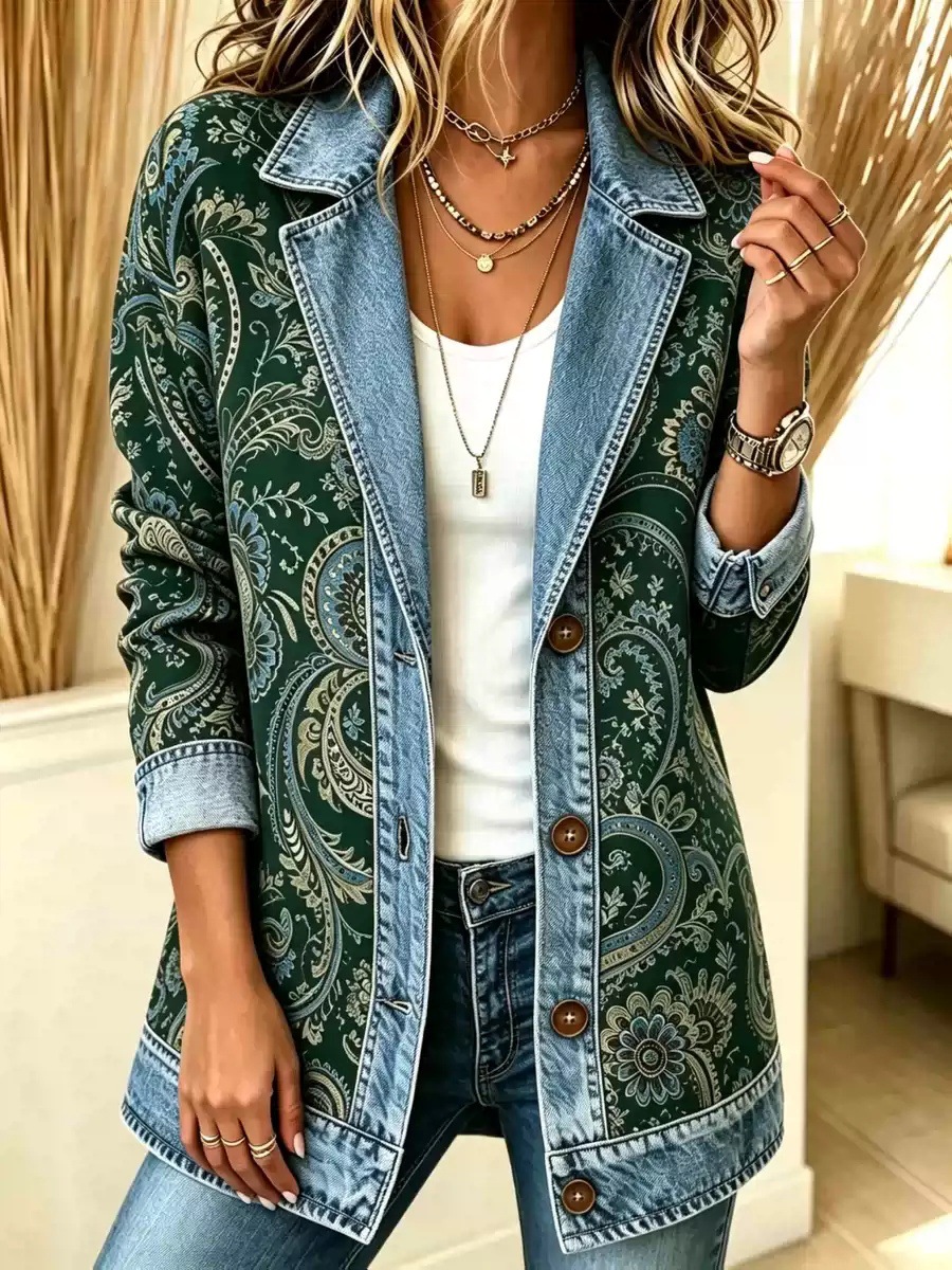 Women's Patchwork Coatigan – Relaxed Fit Denim Trim Button-Up Jacket