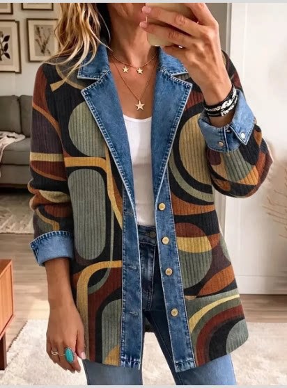 Women's Patchwork Coatigan – Relaxed Fit Denim Trim Button-Up Jacket