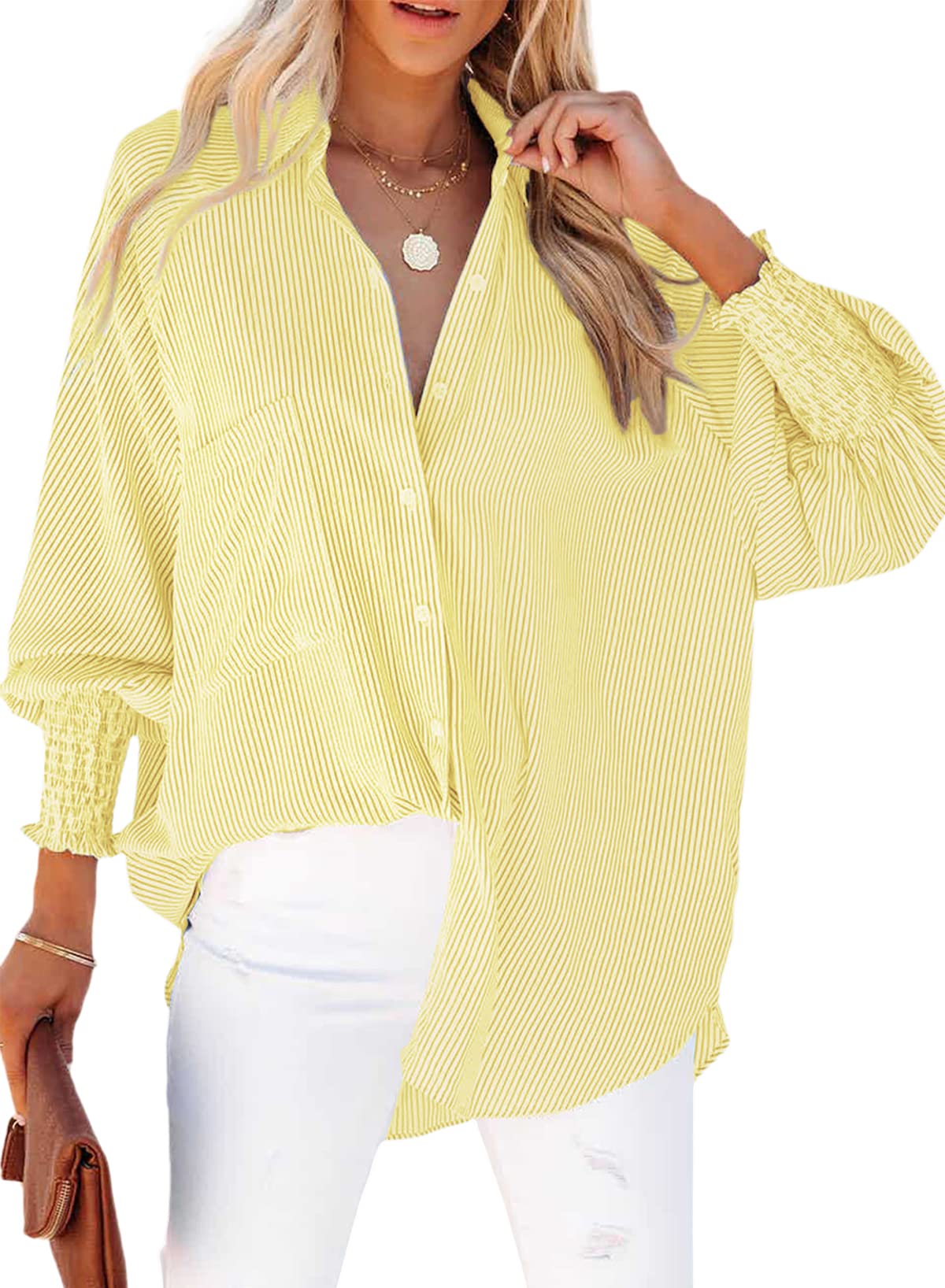 ✨Women's Smocked Cuffed Striped Boyfriend Shirt with Pocket
