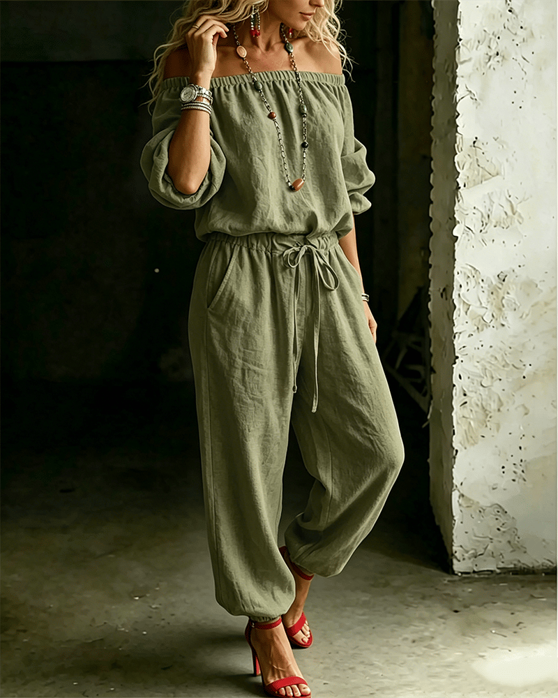 Off-Shoulder Tie Waist Jumpsuit