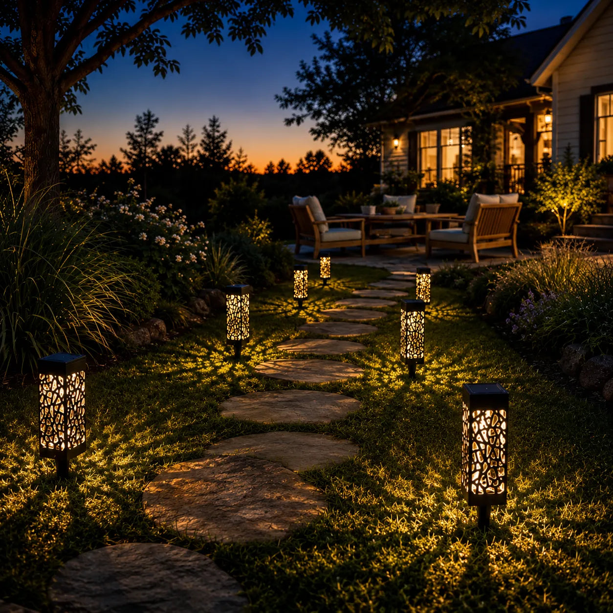 Solar Pathway Stake Lights with Mosaic Shadow Pattern (8-Pack)