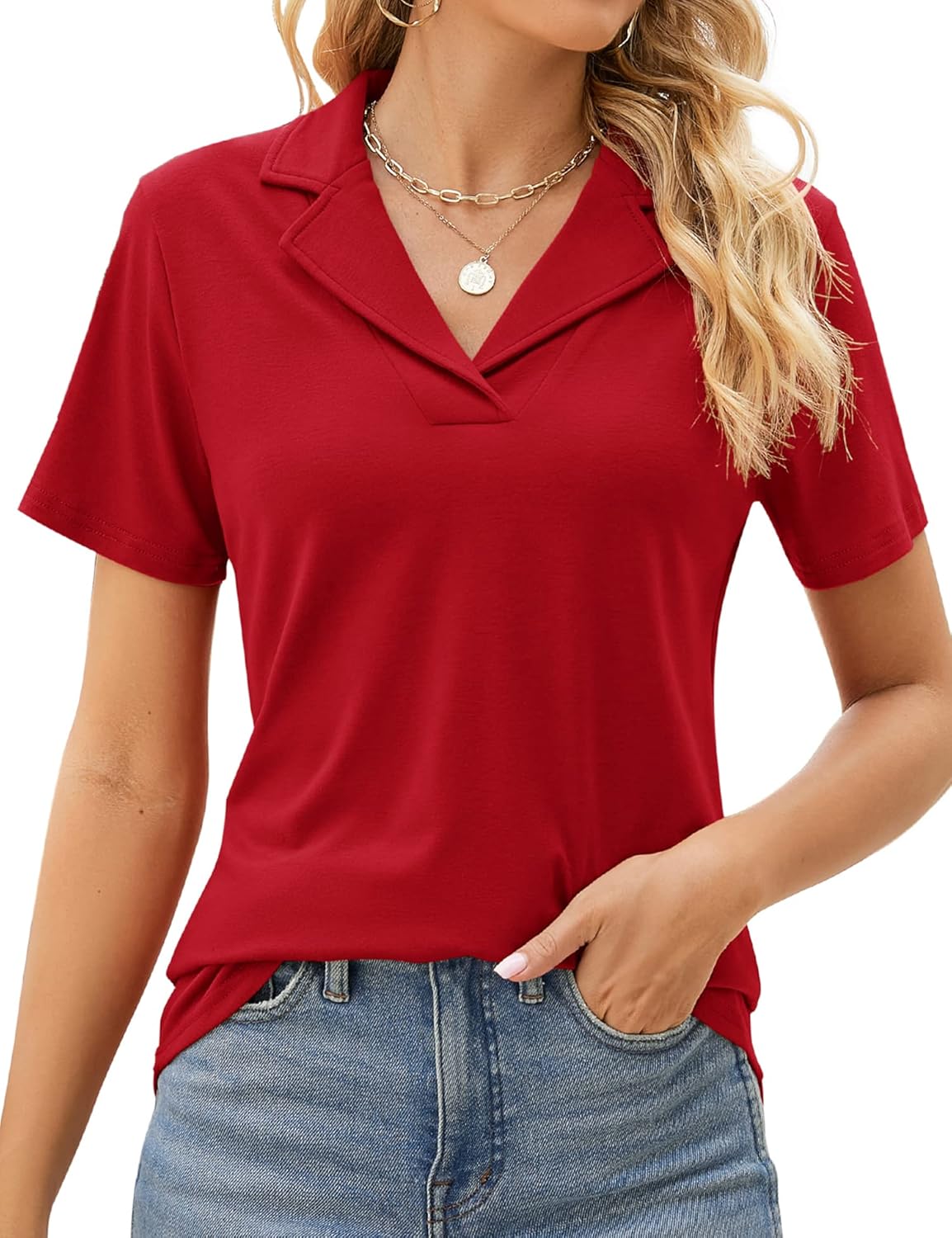Women's Lapel Collar V Neck Short Sleeve Polo Shirts(Buy 3 Free Shipping)