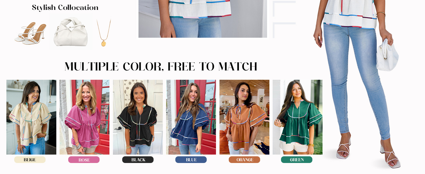 Womens Summer Babydoll Tops V Neck Short Lantern Sleeve Shirts Cute Loose Fit Peplum Flowy Blouses