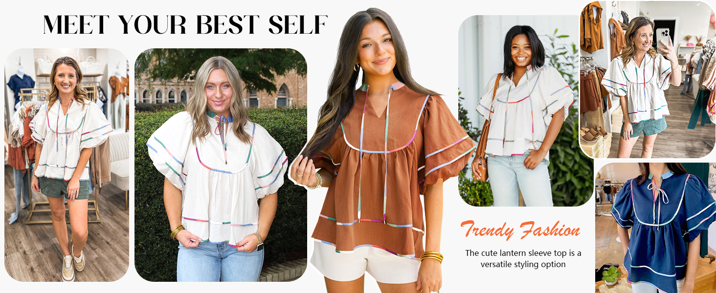 Womens Summer Babydoll Tops V Neck Short Lantern Sleeve Shirts Cute Loose Fit Peplum Flowy Blouses