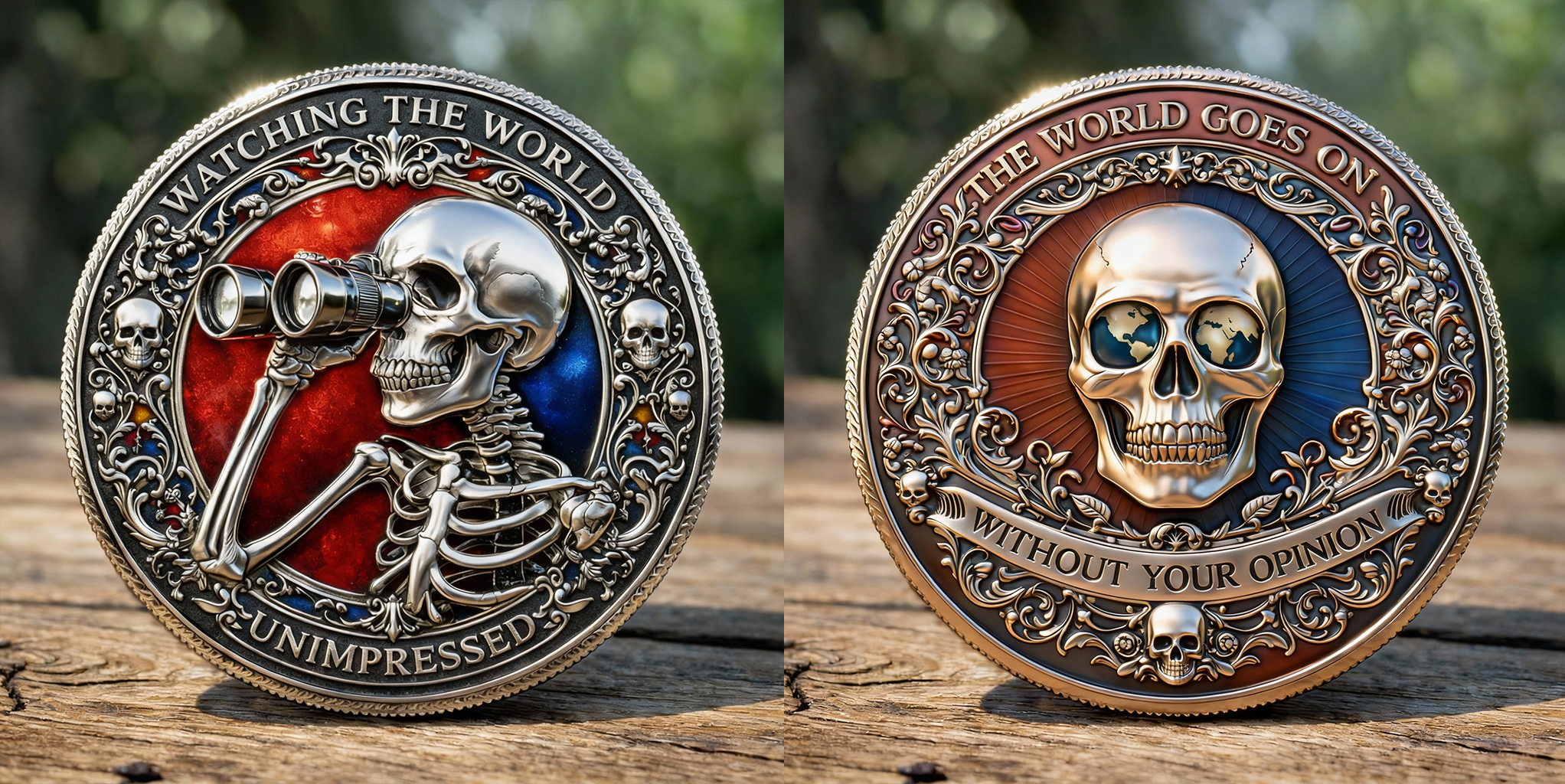 Watching the World Unimpressed Skull Challenge Coin