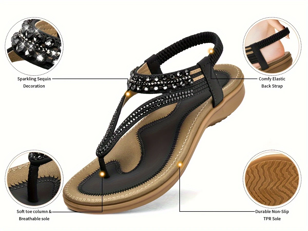 📢🔥 Last Day Promotion 70% OFF🔥Women's T-strap flat sandals with sparkling rhinestones