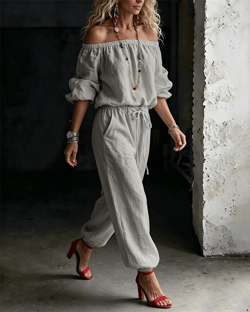Off-Shoulder Tie Waist Jumpsuit