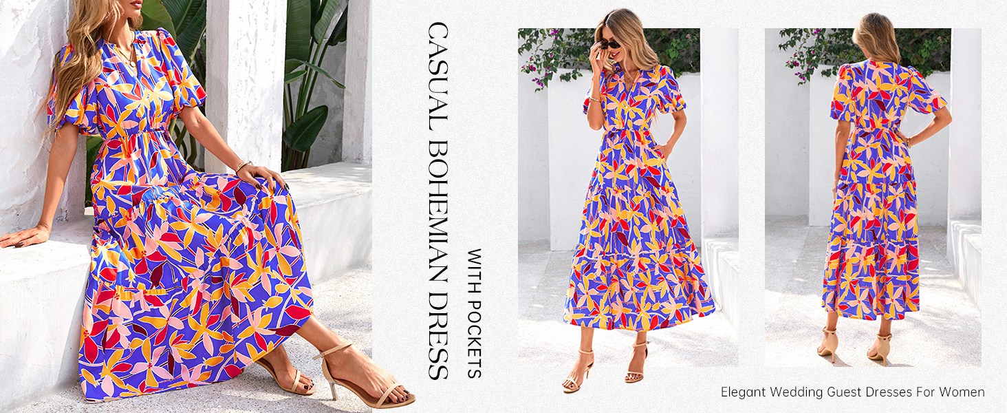 v neck long dresses for women puff sleeve cute dress high waist flowy midi dresses for women