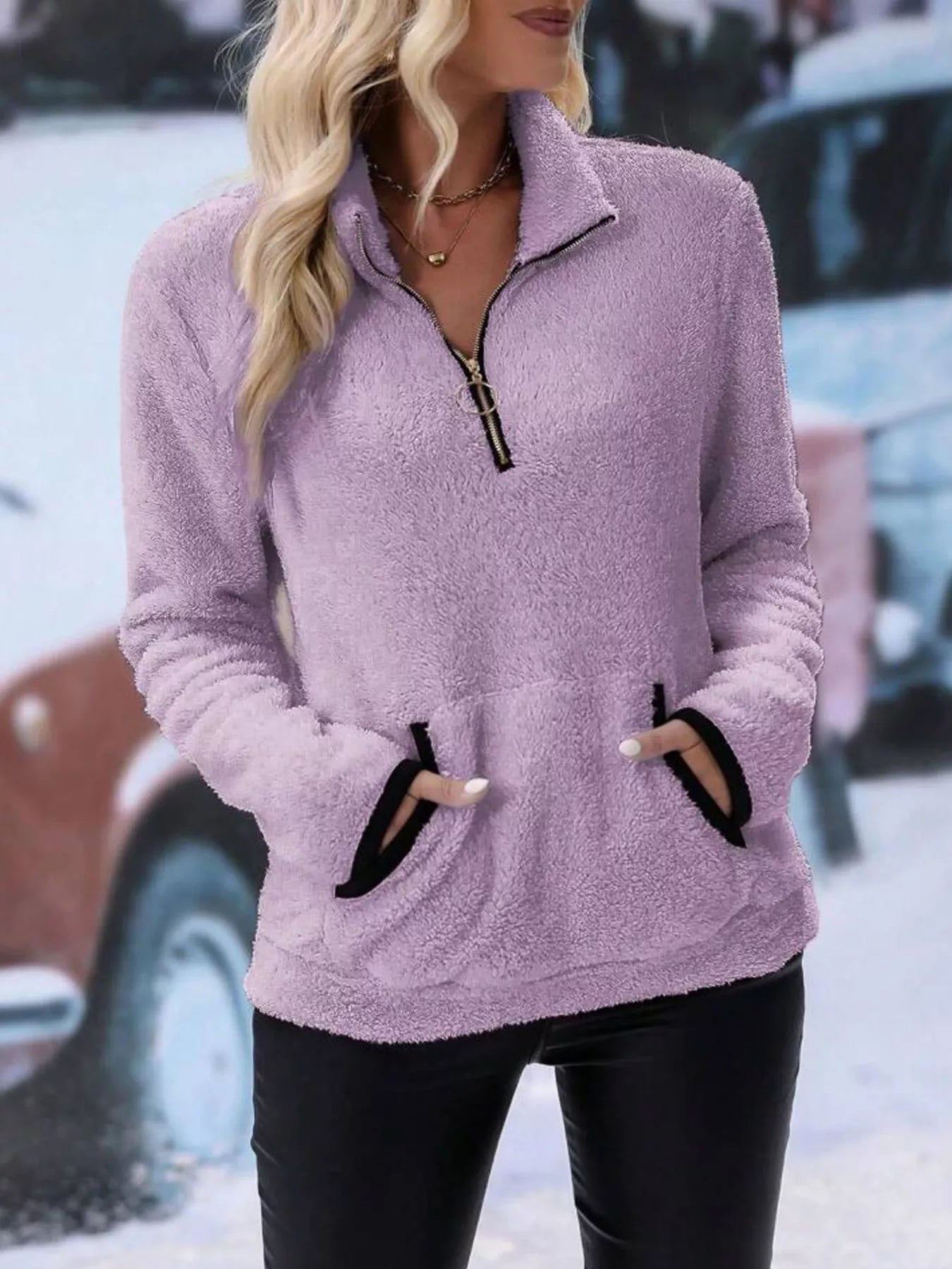 Plus Size Cozy Fleece Quarter Zip Sweatshirt with Pockets