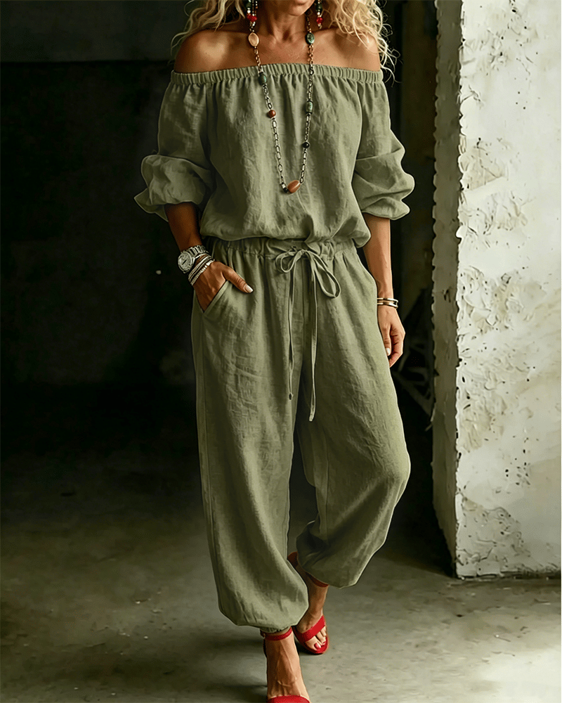 Off-Shoulder Tie Waist Jumpsuit