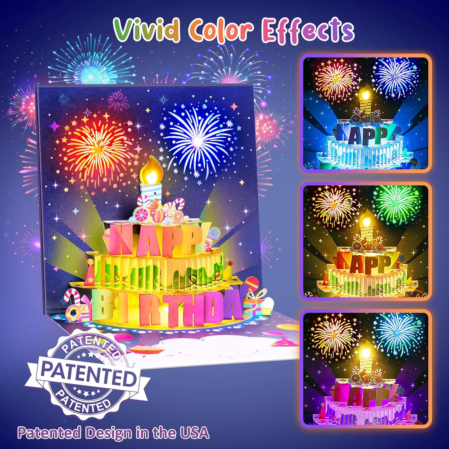 Birthday Cards With Fireworks & Pop Up Cake & Blowable Light and Music