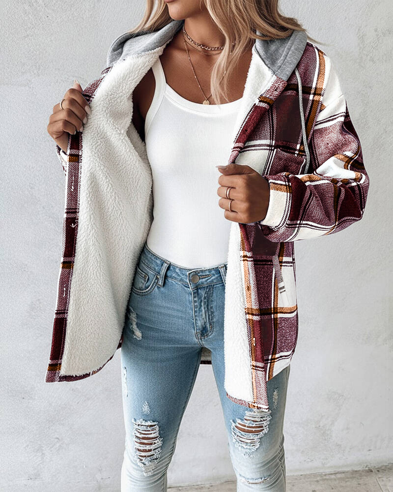 Plaid Pattern Long Sleeve Shacket Button Down Fleece Lined Hooded Jackets Warm Coat