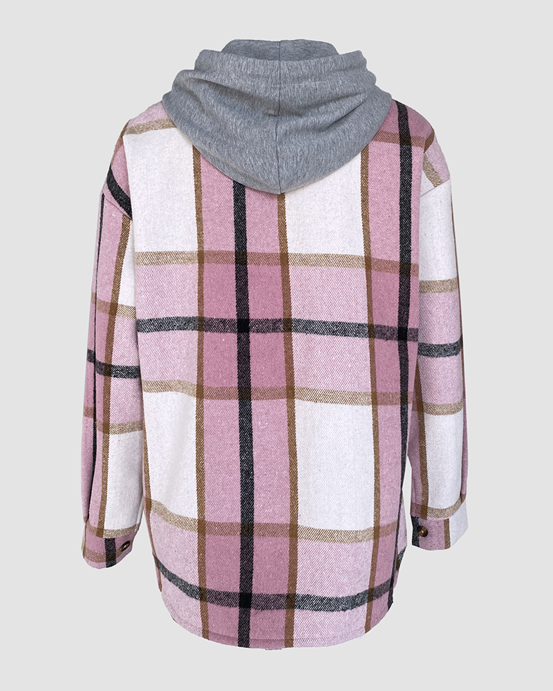 Plaid Pattern Long Sleeve Shacket Button Down Fleece Lined Hooded Jackets Warm Coat