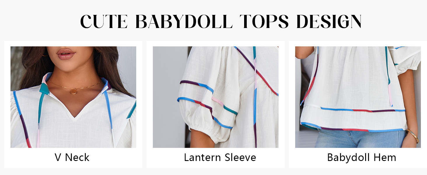 Womens Summer Babydoll Tops V Neck Short Lantern Sleeve Shirts Cute Loose Fit Peplum Flowy Blouses