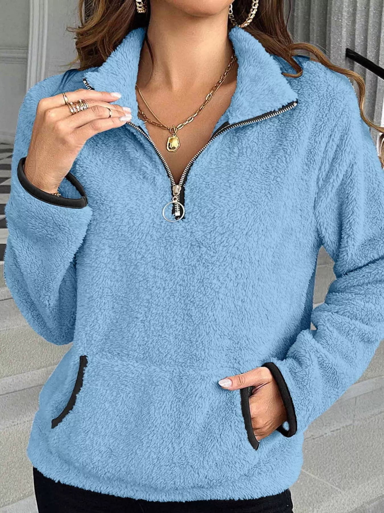 Plus Size Cozy Fleece Quarter Zip Sweatshirt with Pockets