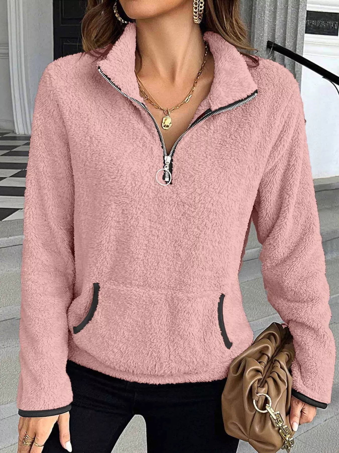 Plus Size Cozy Fleece Quarter Zip Sweatshirt with Pockets