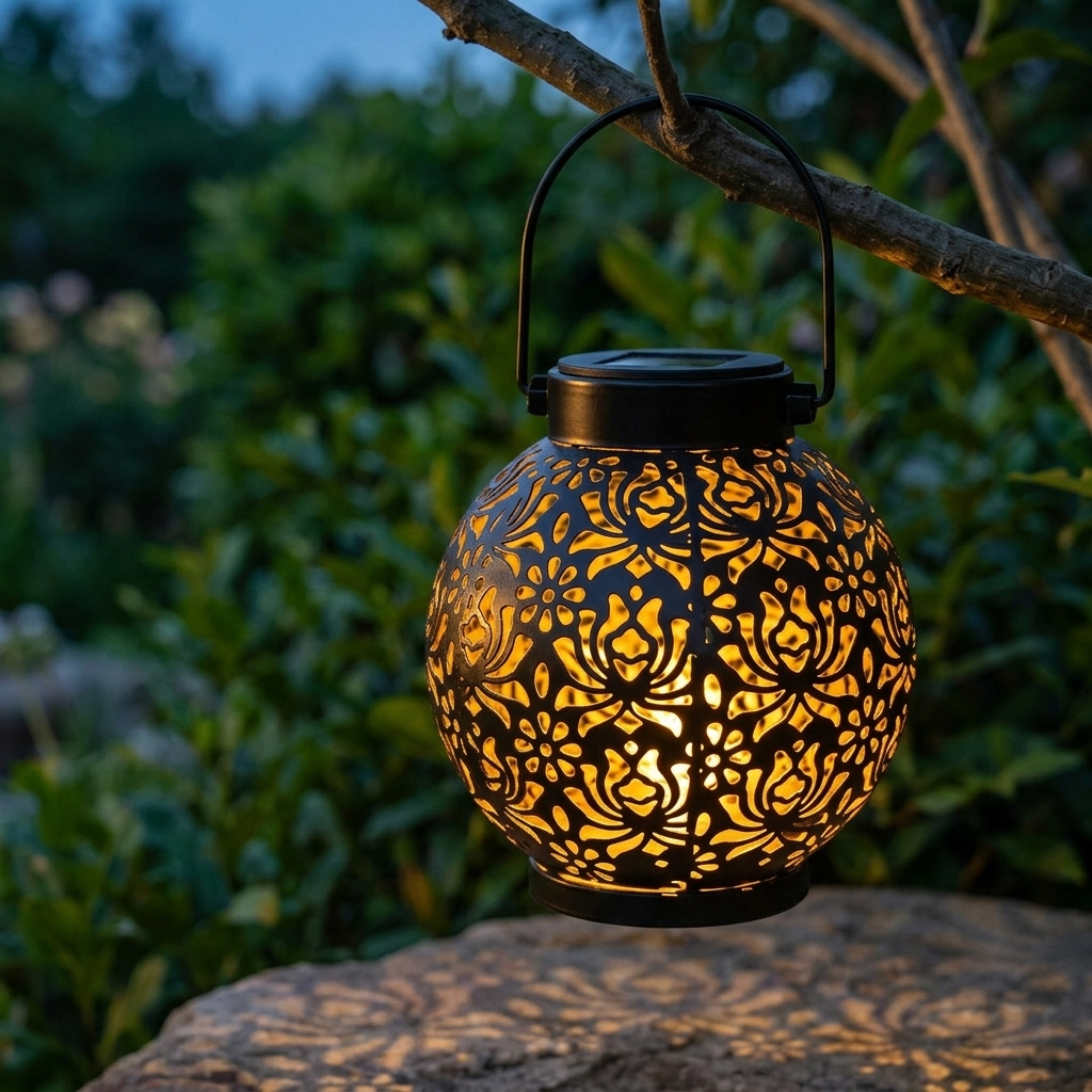 Solar Hanging Lantern with Floral Shadow Art