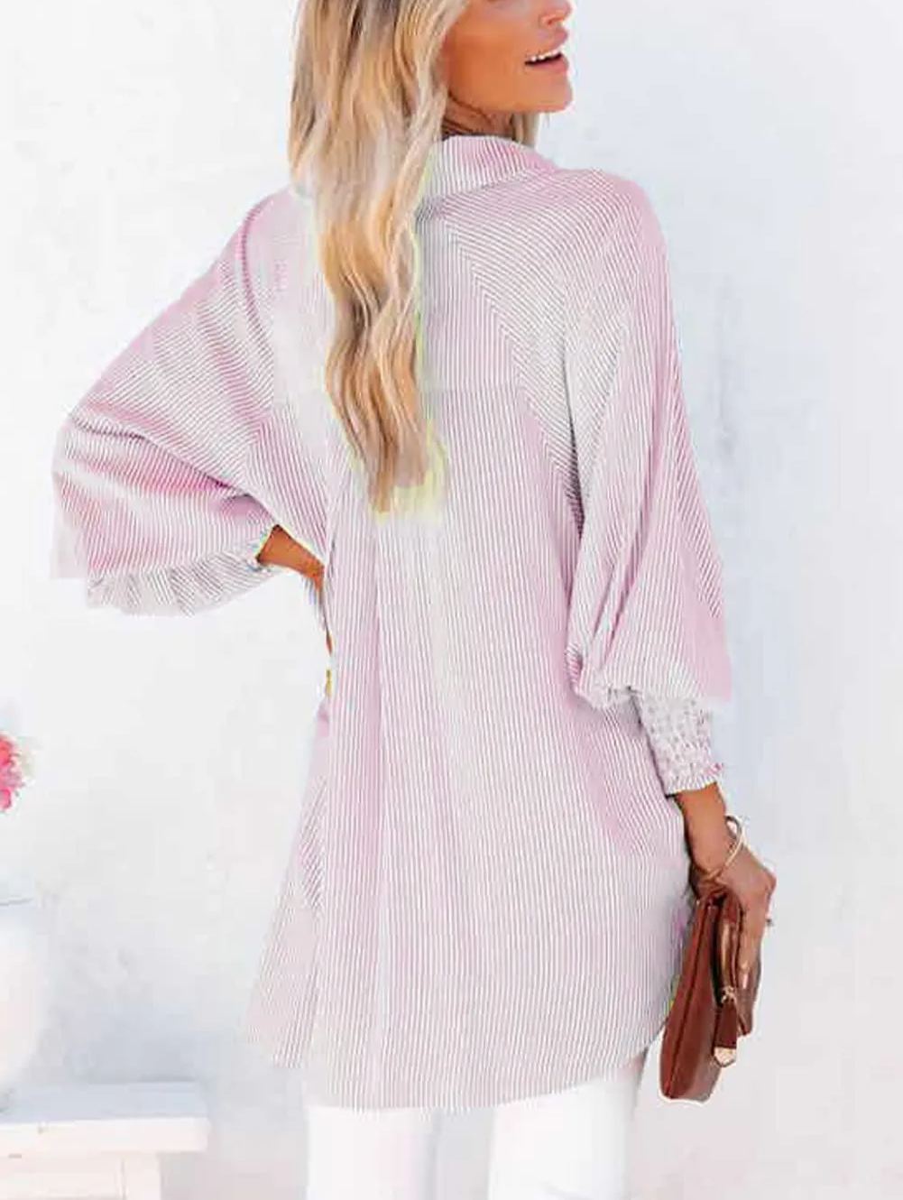 ✨Women's Smocked Cuffed Striped Boyfriend Shirt with Pocket