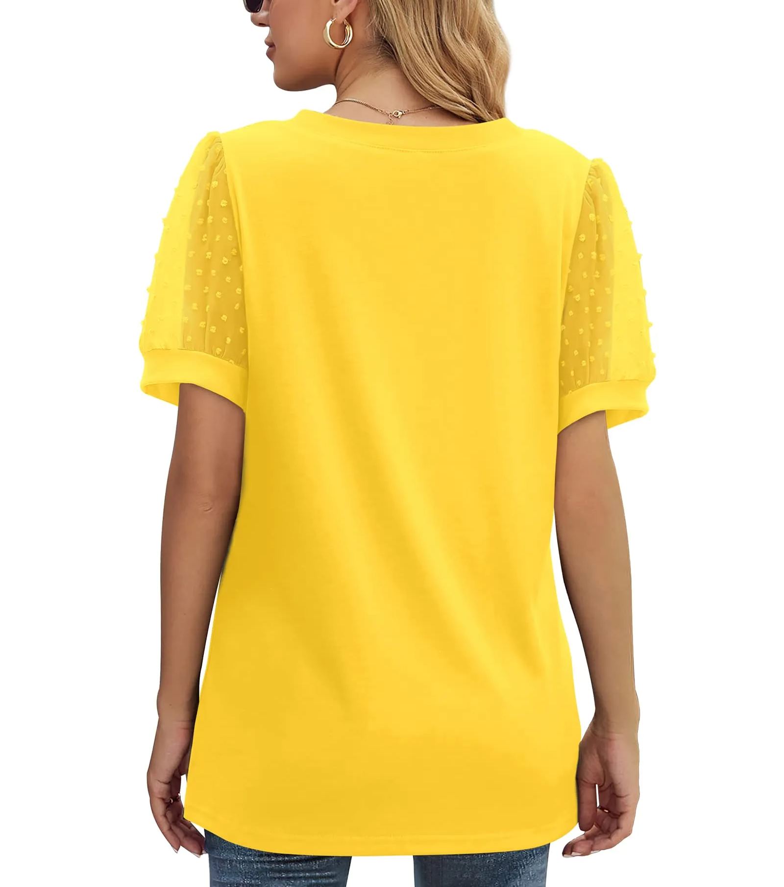 ✨New Women's Summer V Neck T Shirts Swiss Dot Puff Sleeve Tops(BUY 3 FREE SHIPPING)