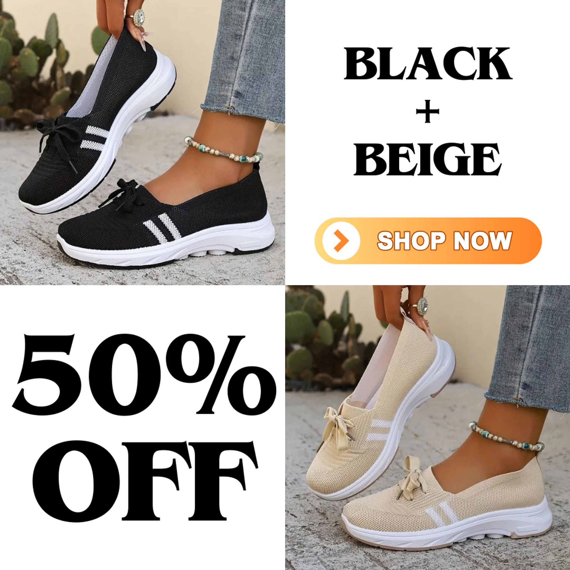 🔥Summer Best Seller🔥Women’s Breathable Knit Slip-On Sneakers with Bow – Lightweight Low-Top Casual Shoes in Beige & White for Everyday Comfort